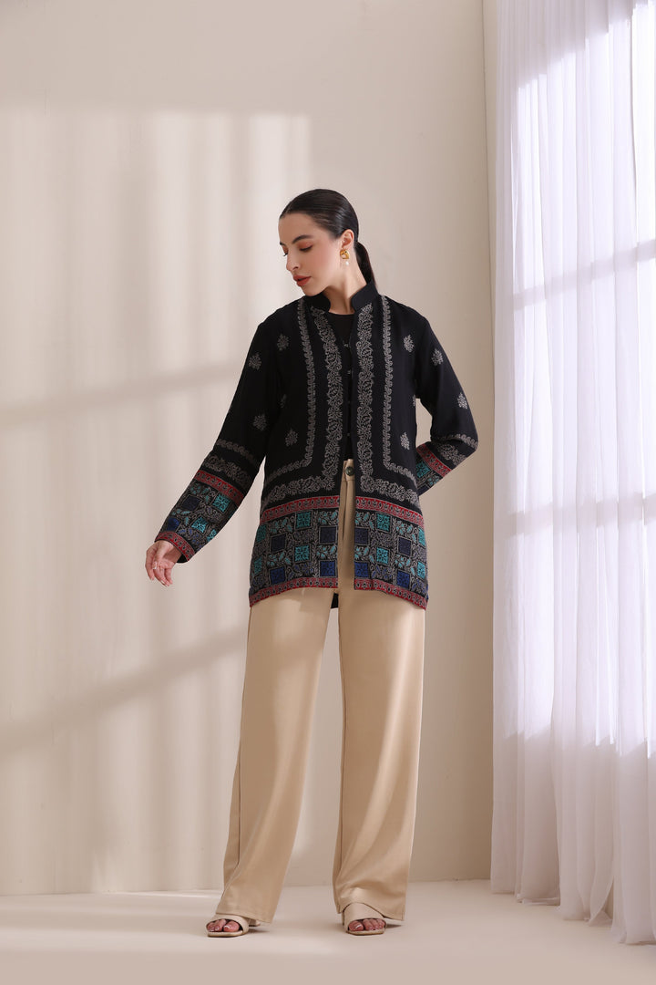 Quinn short jacket in Black Multi Cashmere Fine Wool | Made To Order