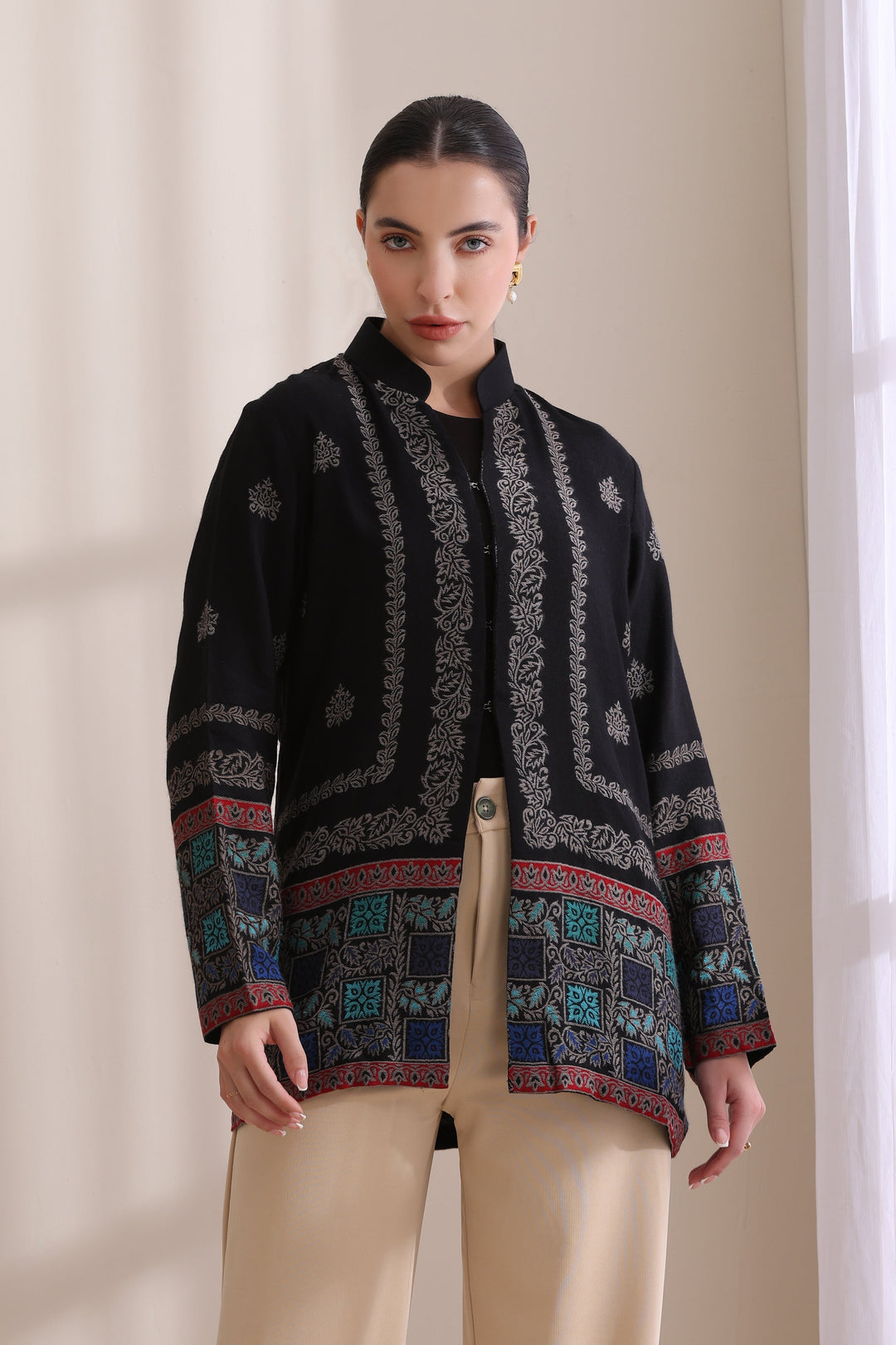 Quinn short jacket in Black Multi Cashmere Fine Wool | Made To Order