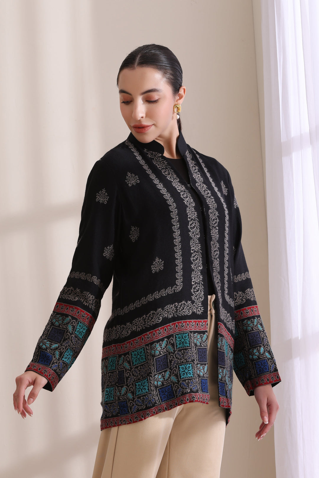 Quinn short jacket in Black Multi Cashmere Fine Wool | Made To Order