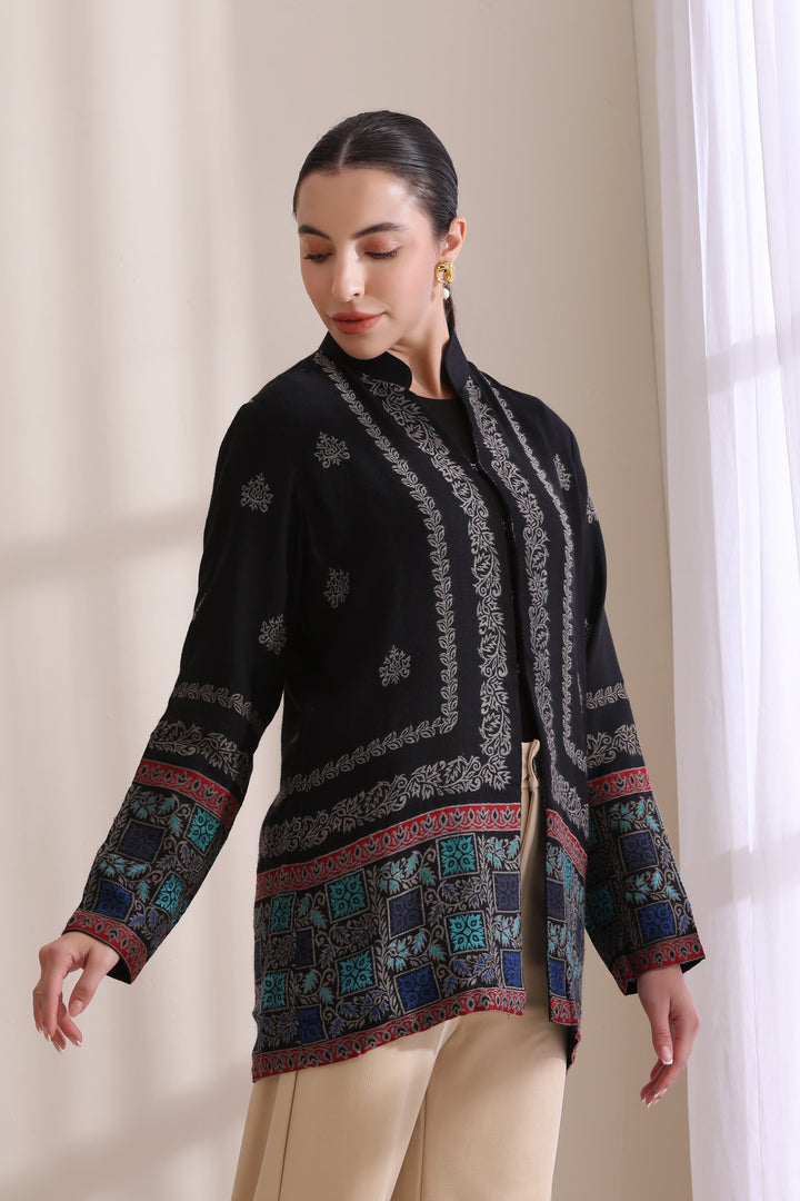 Quinn short jacket in Black Multi Cashmere Fine Wool | Made To Order