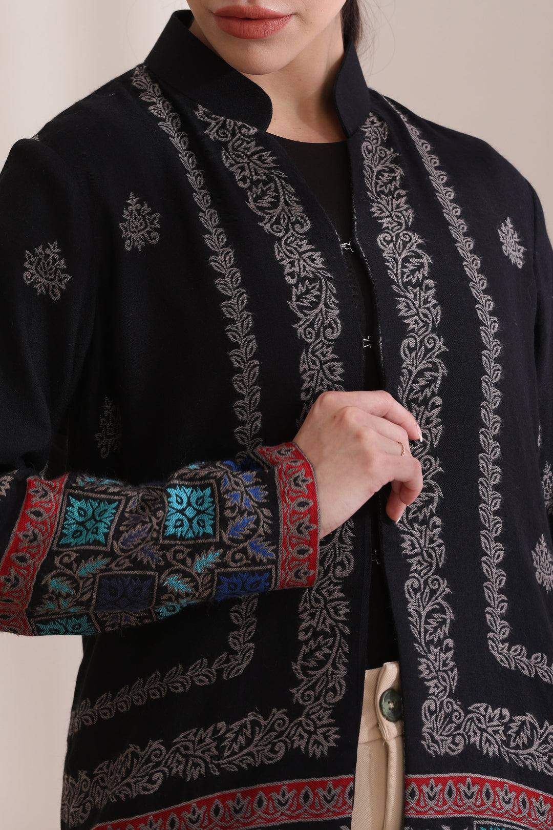 Quinn short jacket in Black Multi Cashmere Fine Wool | Made To Order