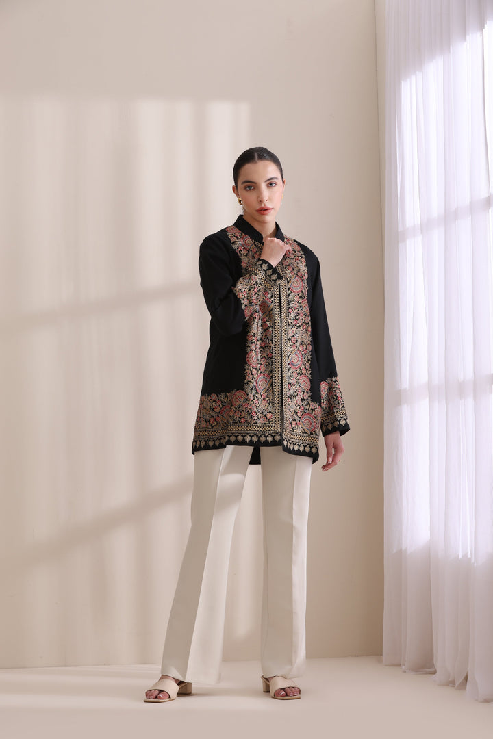 Sarah short jacket in Black Multi Cashmere Fine Wool | Made To Order