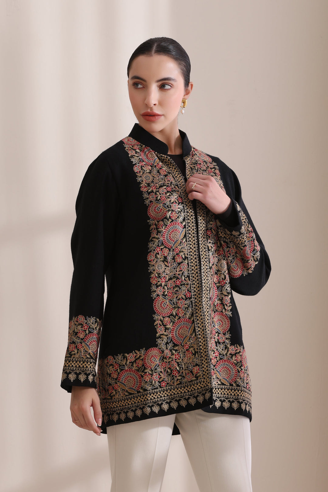 Sarah short jacket in Black Multi Cashmere Fine Wool | Made To Order