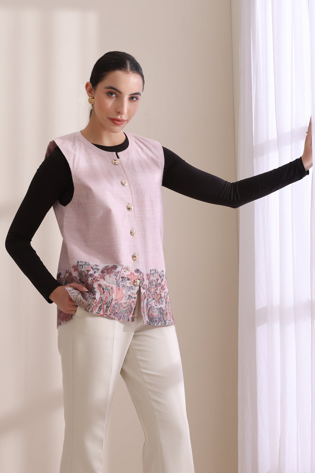 Ashva woven jacket Cashmere Fine Wool in a cheerful Pink Multi pattern | Made To Order