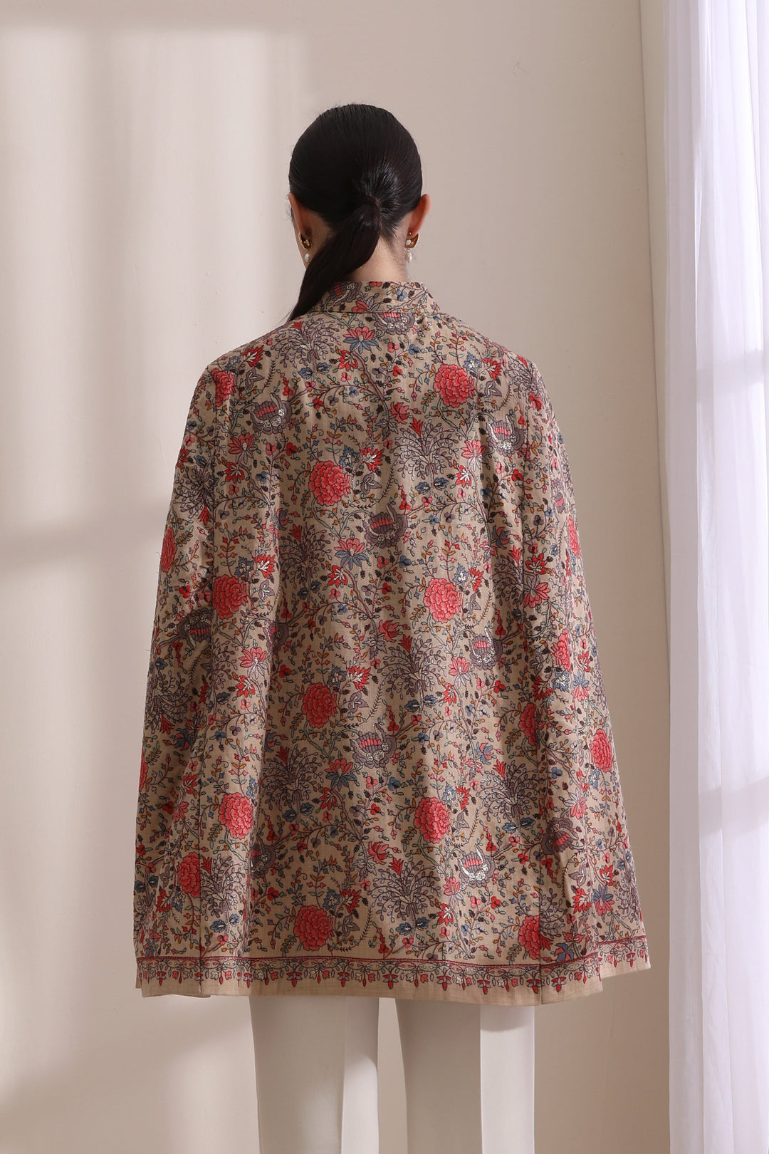 Gulab embroidered cape Jacket, Cashmere Fine Wool in a striking Brown Gold | Made To Order