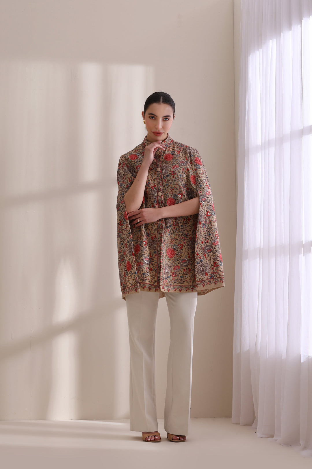 Gulab embroidered cape Jacket, Cashmere Fine Wool in a striking Brown Gold | Made To Order