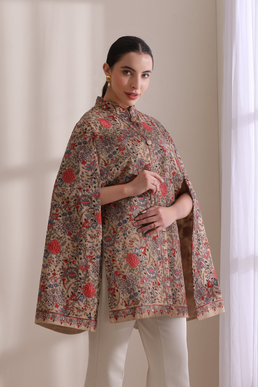 Gulab embroidered cape Jacket, Cashmere Fine Wool in a striking Brown Gold | Made To Order
