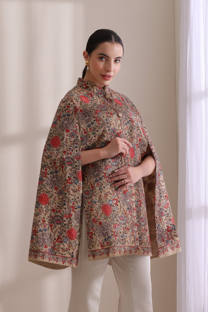 Gulab embroidered cape Jacket, Cashmere Fine Wool in a striking Brown Gold | Made To Order