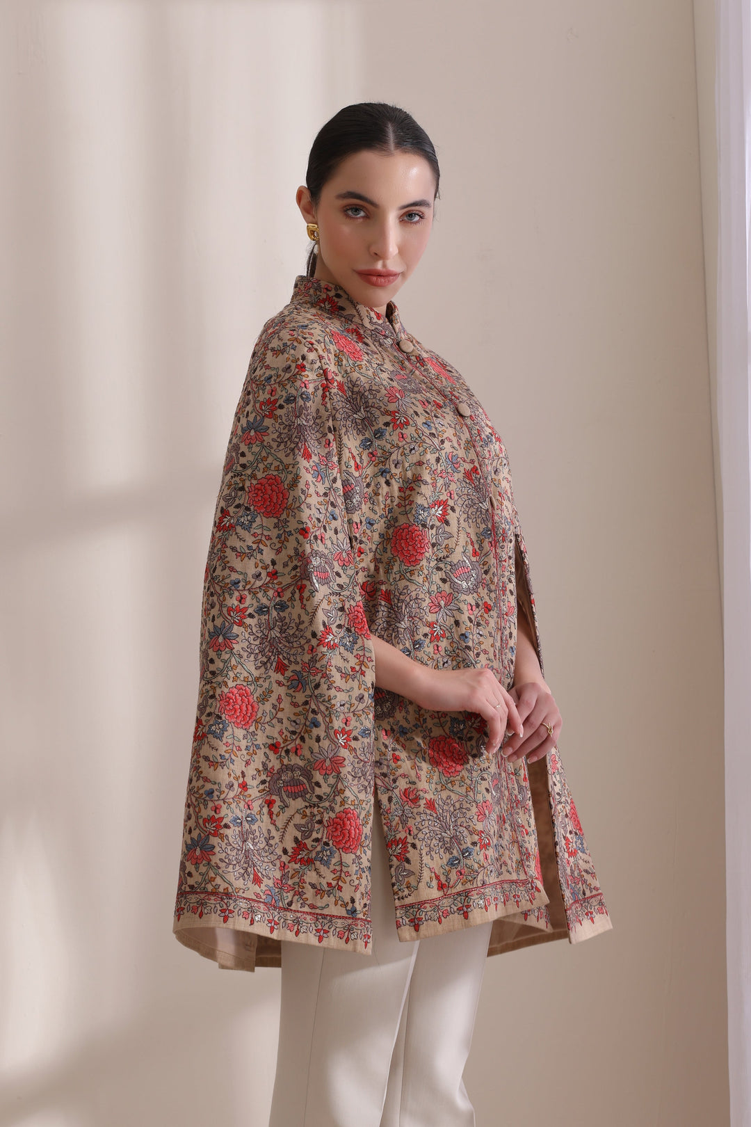 Gulab embroidered cape Jacket, Cashmere Fine Wool in a striking Brown Gold | Made To Order