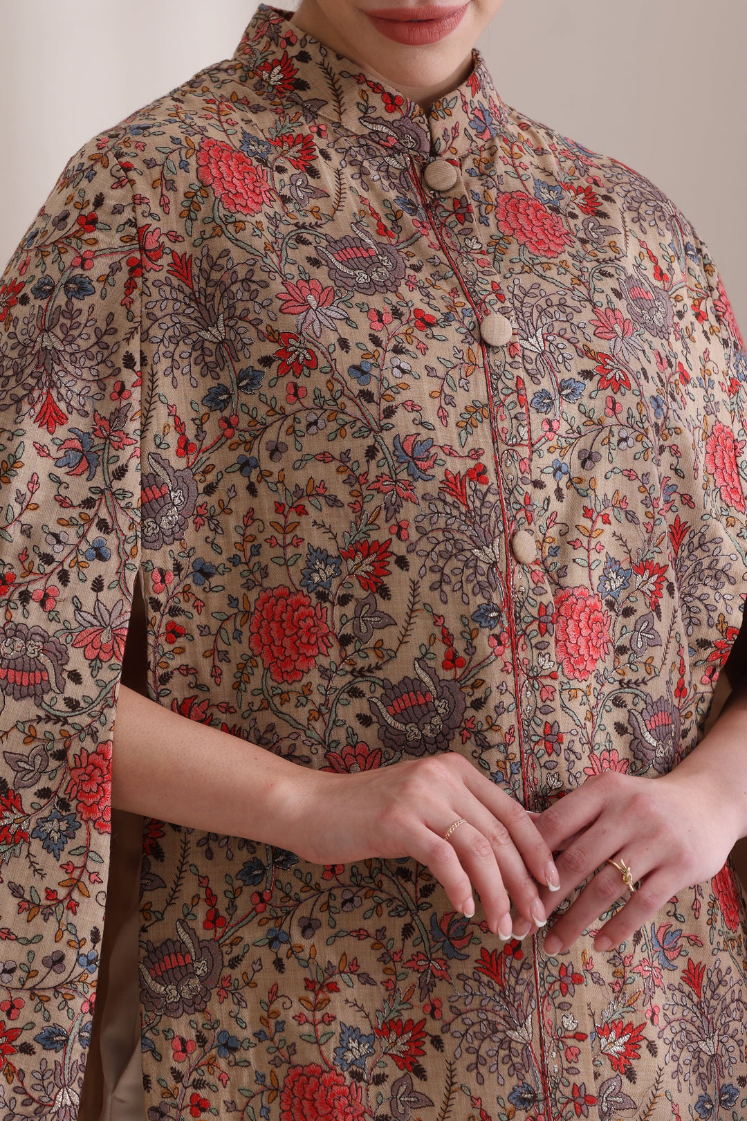 Gulab embroidered cape Jacket, Cashmere Fine Wool in a striking Brown Gold | Made To Order