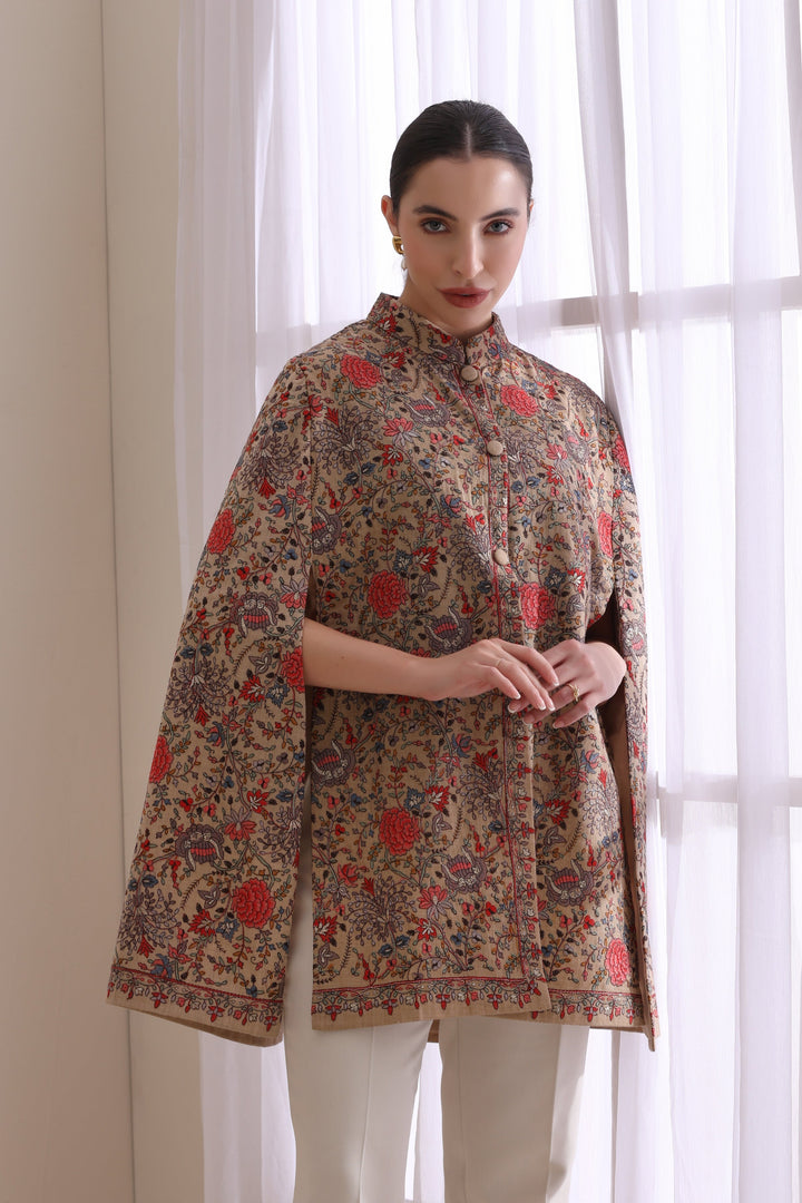 Gulab embroidered cape Jacket, Cashmere Fine Wool in a striking Brown Gold | Made To Order