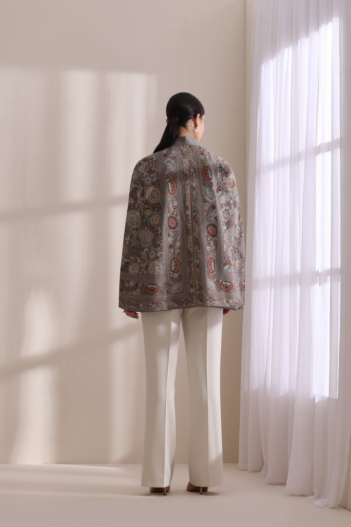 Cera woven cape Jacket, made from premium Grey Cashmere Fine Wool | Made To Order