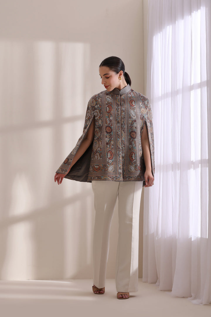 Cera woven cape Jacket, made from premium Grey Cashmere Fine Wool | Made To Order