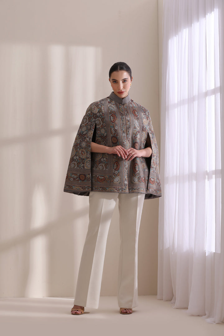 Cera woven cape Jacket, made from premium Grey Cashmere Fine Wool | Made To Order