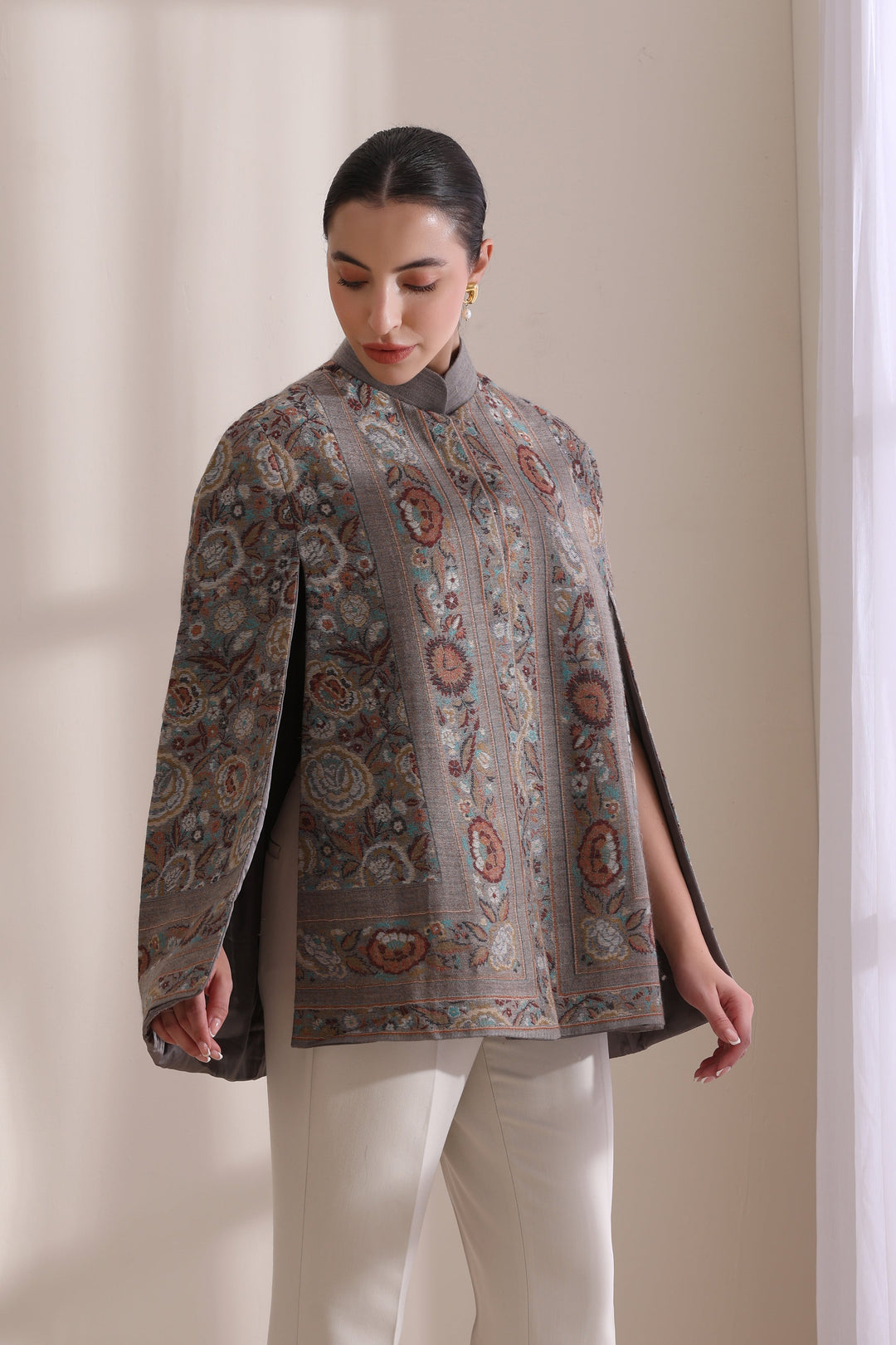 Cera woven cape Jacket, made from premium Grey Cashmere Fine Wool | Made To Order