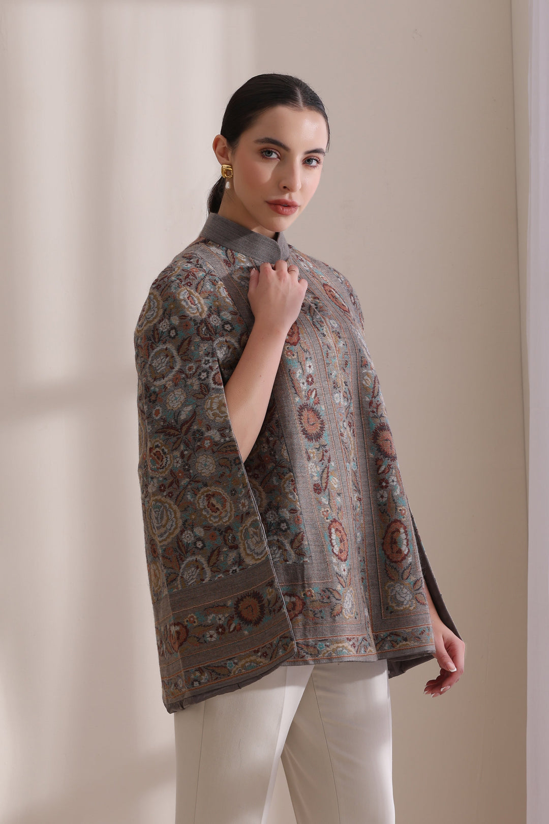 Cera woven cape Jacket, made from premium Grey Cashmere Fine Wool | Made To Order