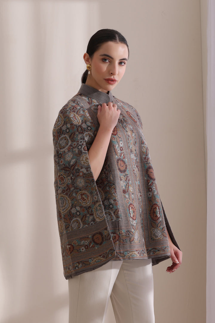 Cera woven cape Jacket, made from premium Grey Cashmere Fine Wool | Made To Order