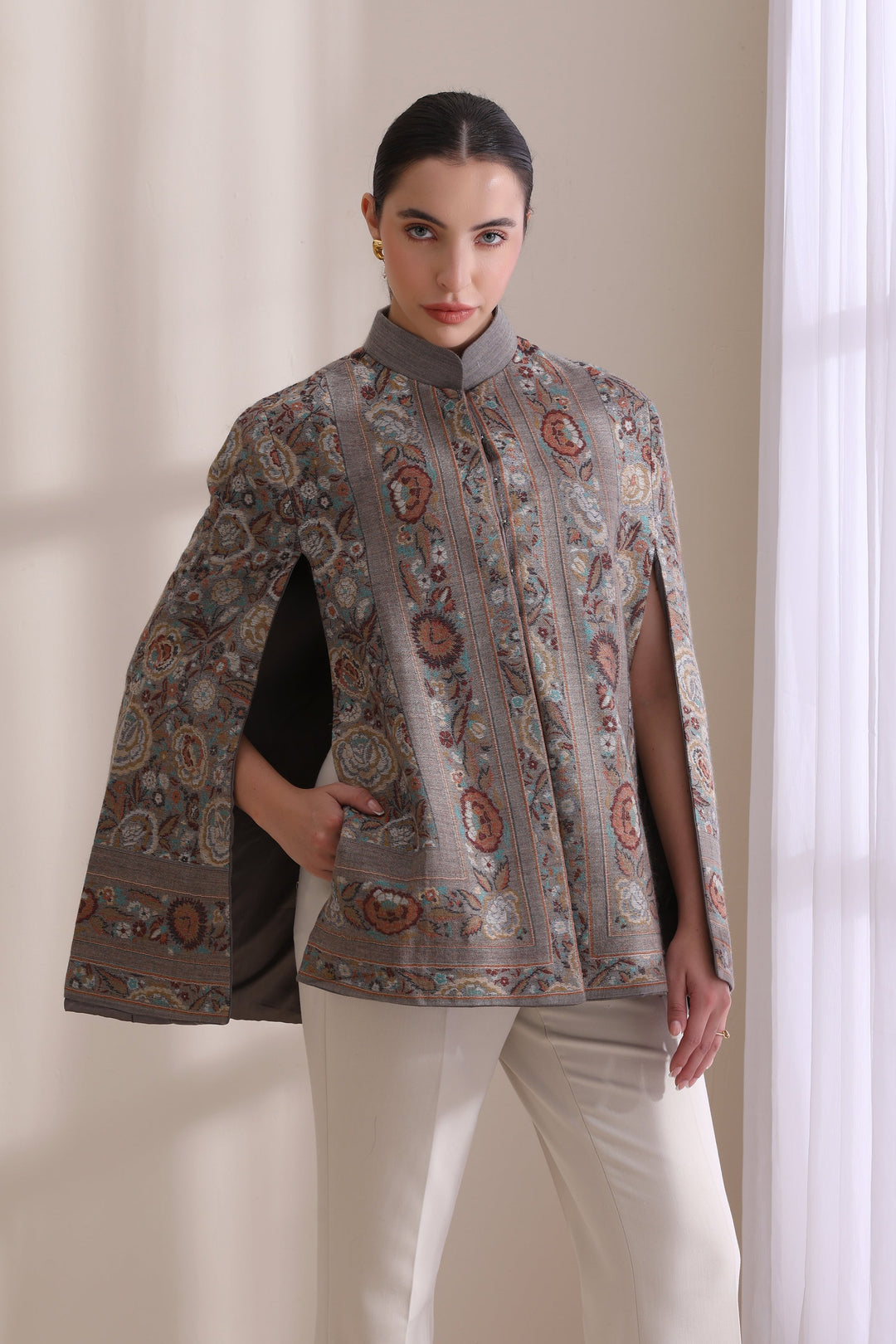 Cera woven cape Jacket, made from premium Grey Cashmere Fine Wool | Made To Order