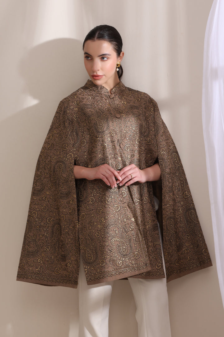 Sanjh embroidered cape Jacket, featured here in a timeless Brown Cashmere Fine Wool | Made To Order