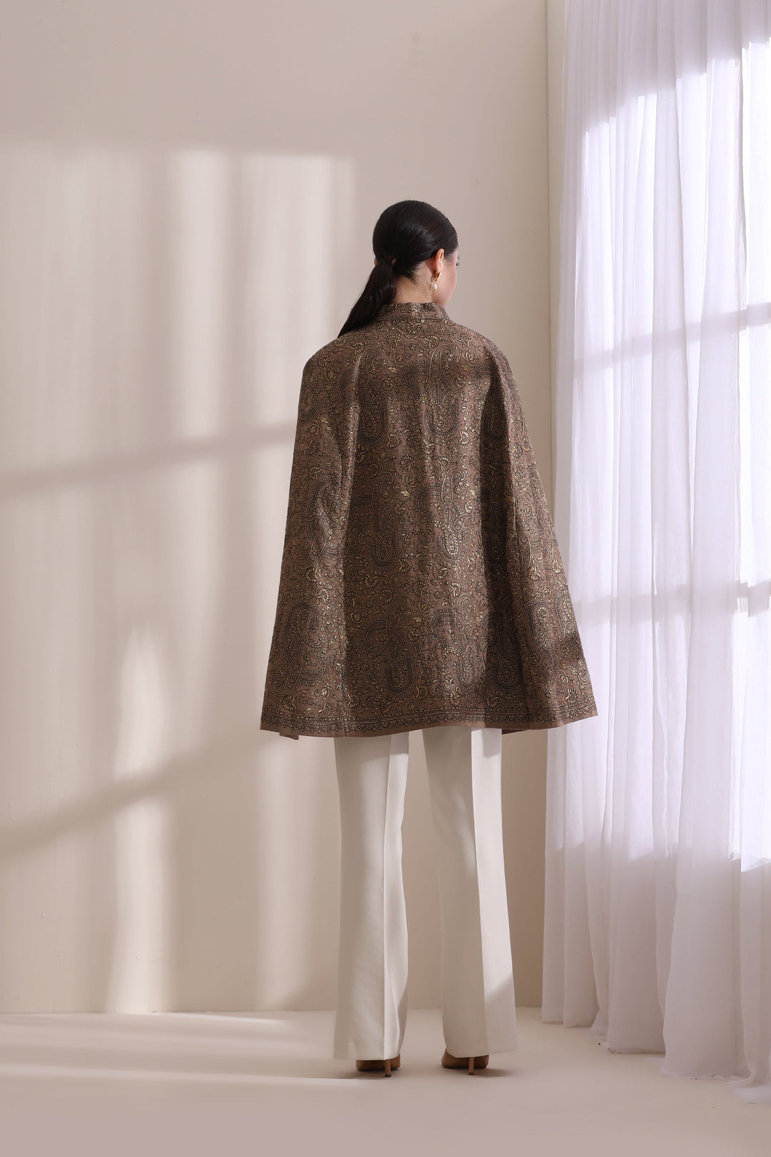 Sanjh embroidered cape Jacket, featured here in a timeless Brown Cashmere Fine Wool | Made To Order