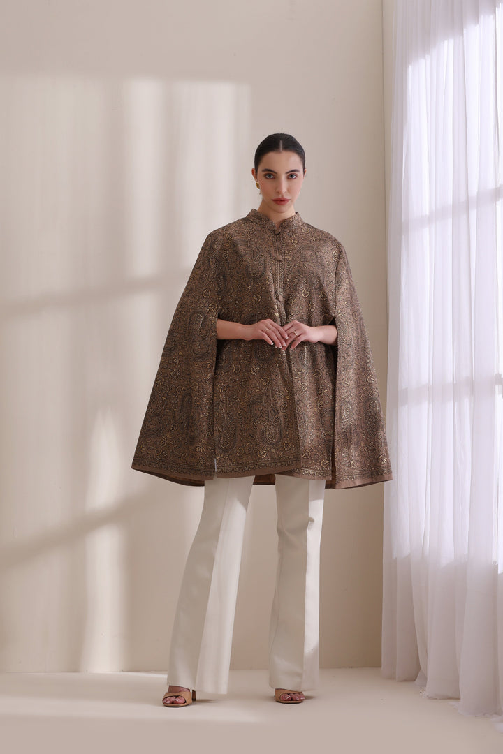 Sanjh embroidered cape Jacket, featured here in a timeless Brown Cashmere Fine Wool | Made To Order