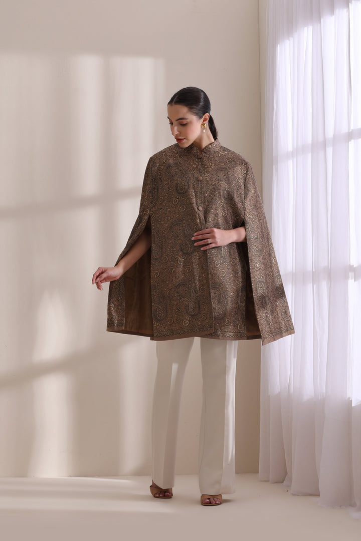Sanjh embroidered cape Jacket, featured here in a timeless Brown Cashmere Fine Wool | Made To Order