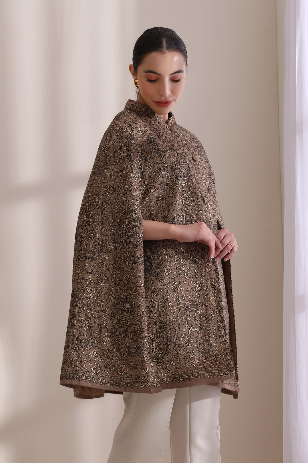 Sanjh embroidered cape Jacket, featured here in a timeless Brown Cashmere Fine Wool | Made To Order