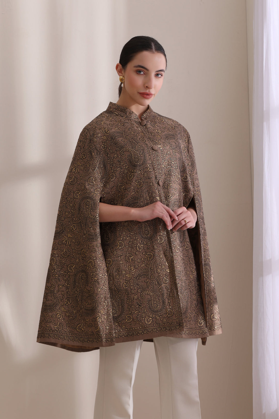 Sanjh embroidered cape Jacket, featured here in a timeless Brown Cashmere Fine Wool | Made To Order