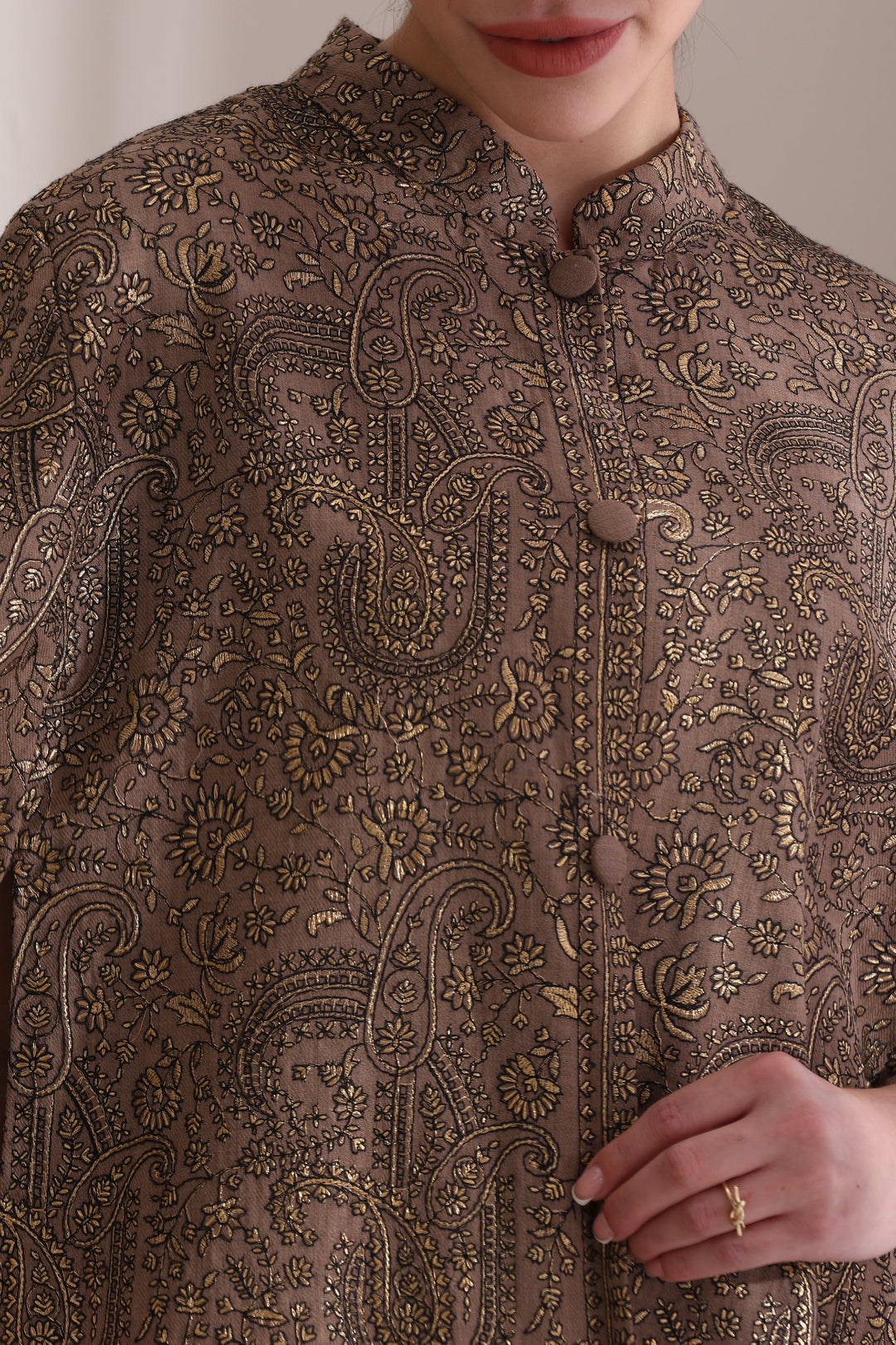 Sanjh embroidered cape Jacket, featured here in a timeless Brown Cashmere Fine Wool | Made To Order