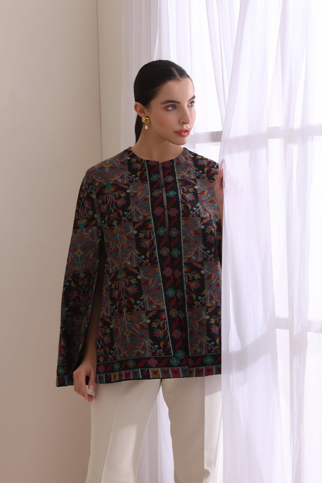 Soft Cashmere Fine Wool Raatri woven kani cape Jacket in Black | Made To Order