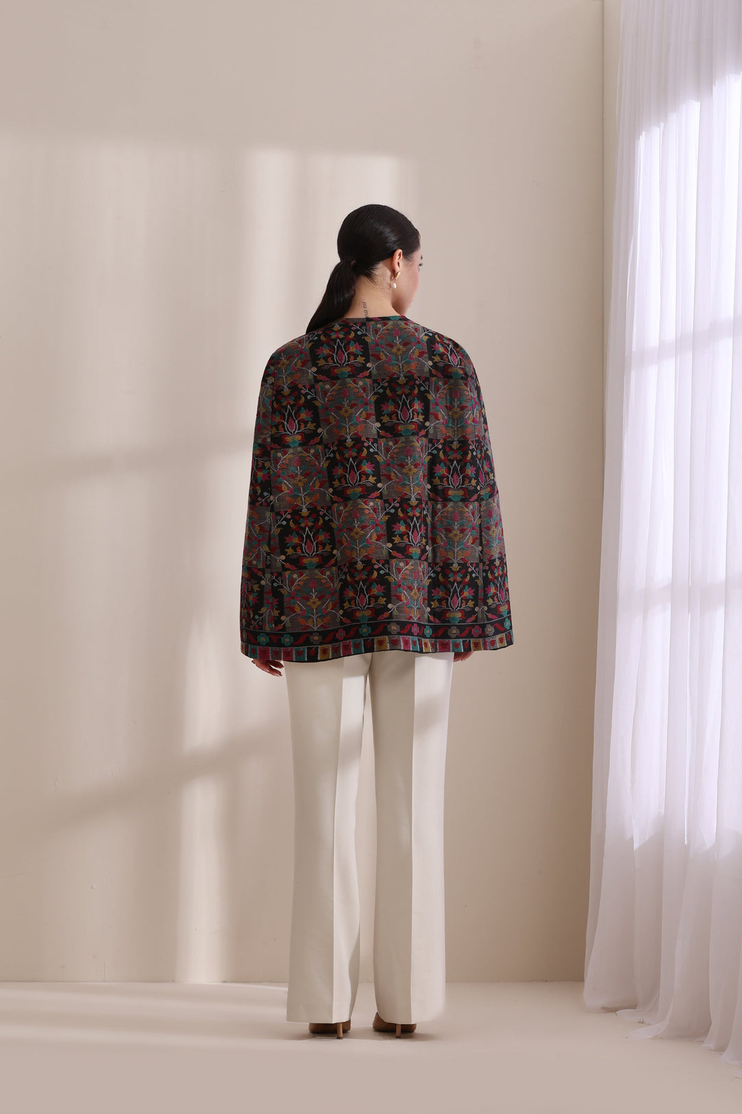 Soft Cashmere Fine Wool Raatri woven kani cape Jacket in Black | Made To Order