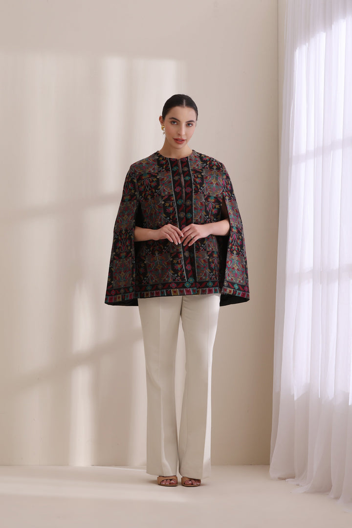 Soft Cashmere Fine Wool Raatri woven kani cape Jacket in Black | Made To Order