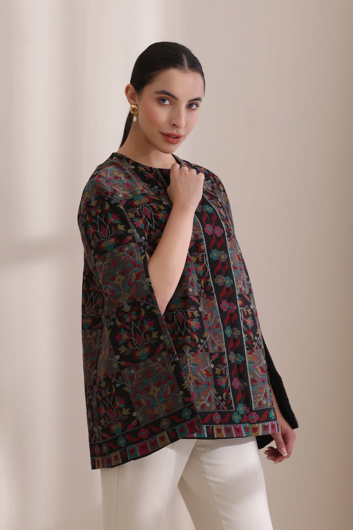 Soft Cashmere Fine Wool Raatri woven kani cape Jacket in Black | Made To Order