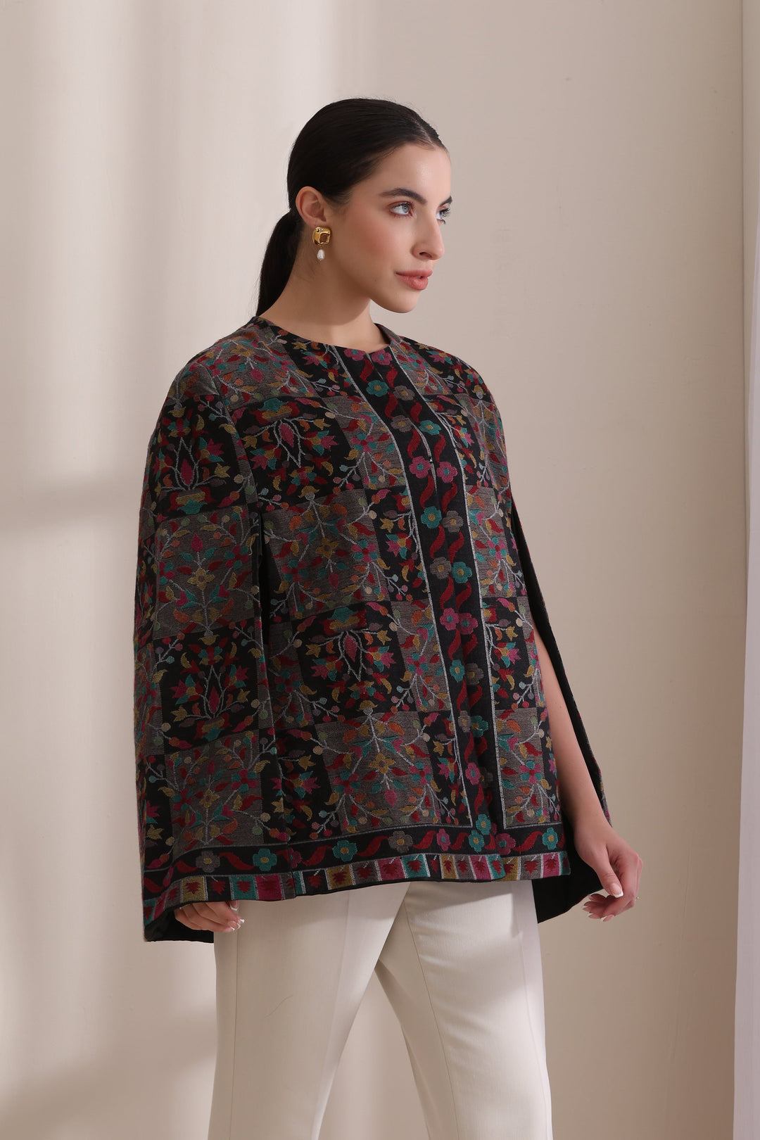 Soft Cashmere Fine Wool Raatri woven kani cape Jacket in Black | Made To Order