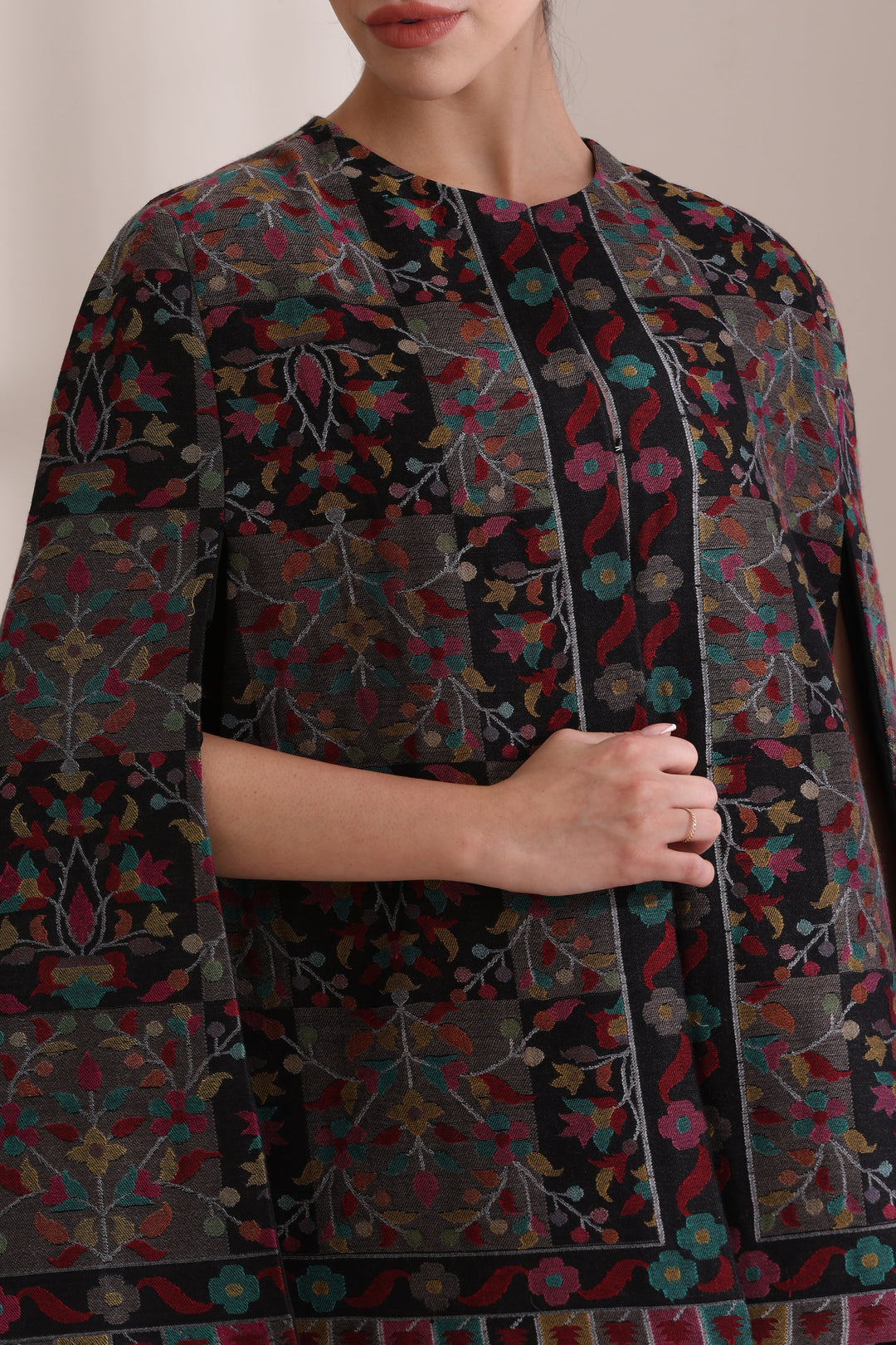 Soft Cashmere Fine Wool Raatri woven kani cape Jacket in Black | Made To Order