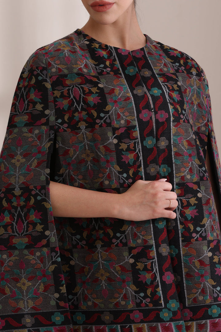 Soft Cashmere Fine Wool Raatri woven kani cape Jacket in Black | Made To Order