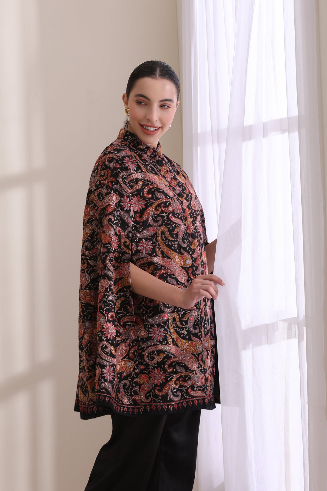 Cashmere Fine Emery embroidered Cape Jacket, Wool in Black Gold | Made To Order