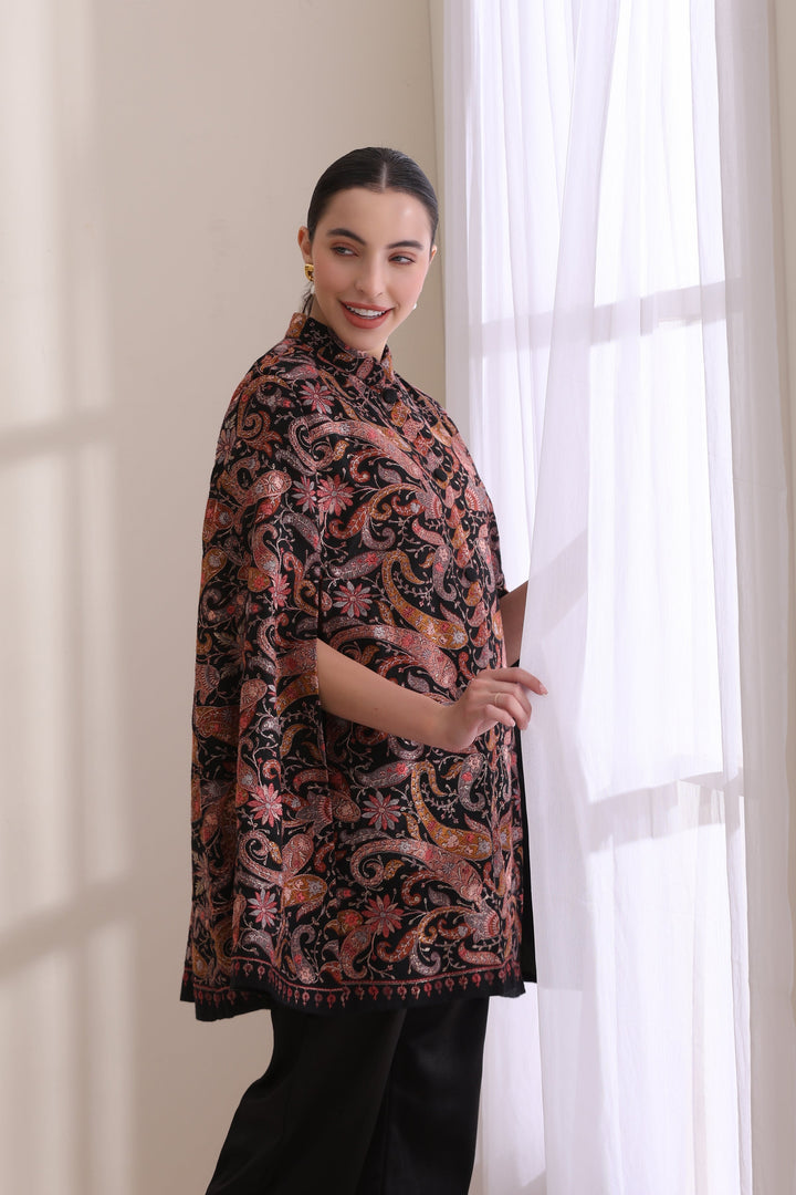 Cashmere Fine Emery embroidered Cape Jacket, Wool in Black Gold | Made To Order