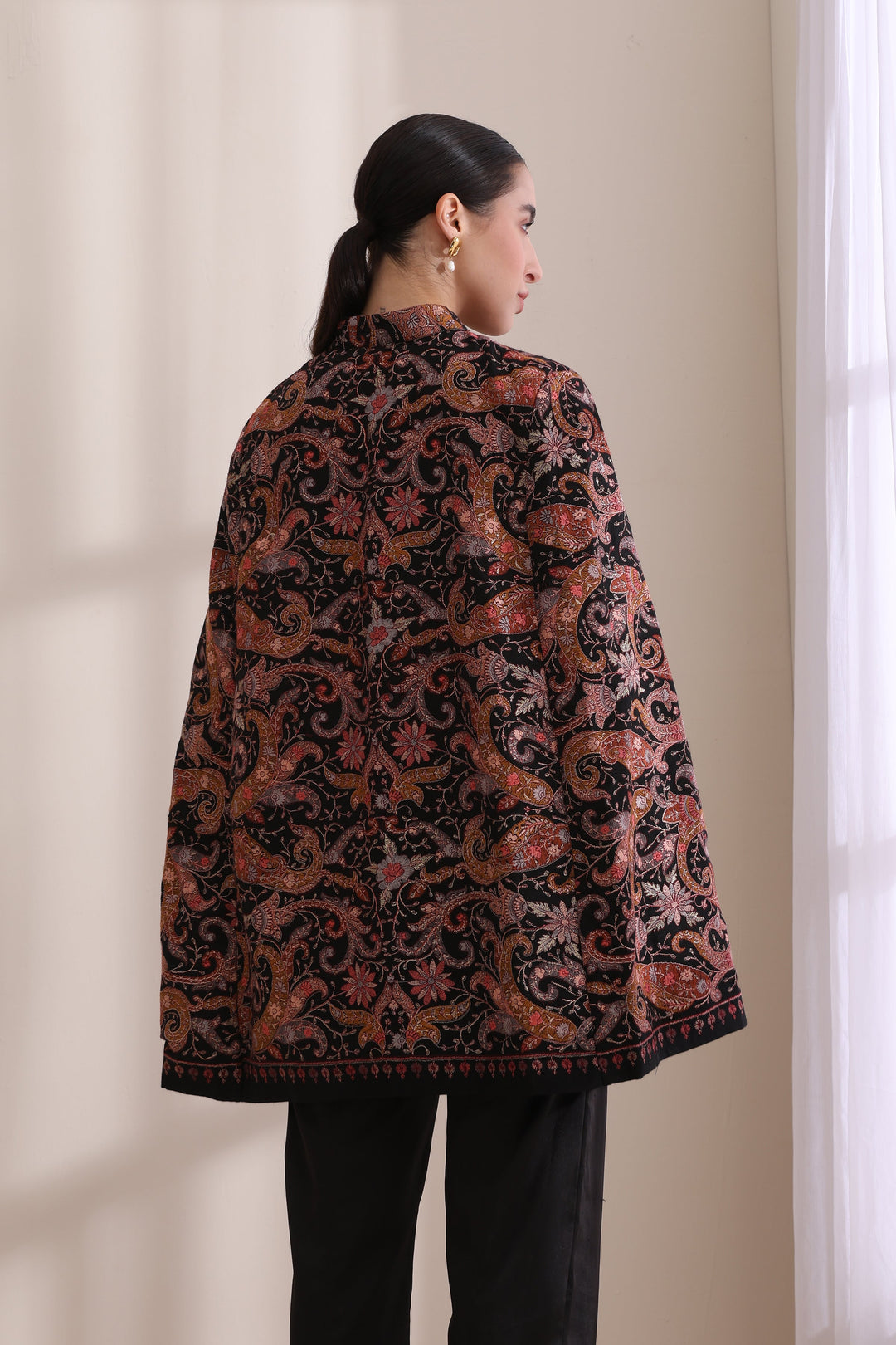 Cashmere Fine Emery embroidered Cape Jacket, Wool in Black Gold | Made To Order