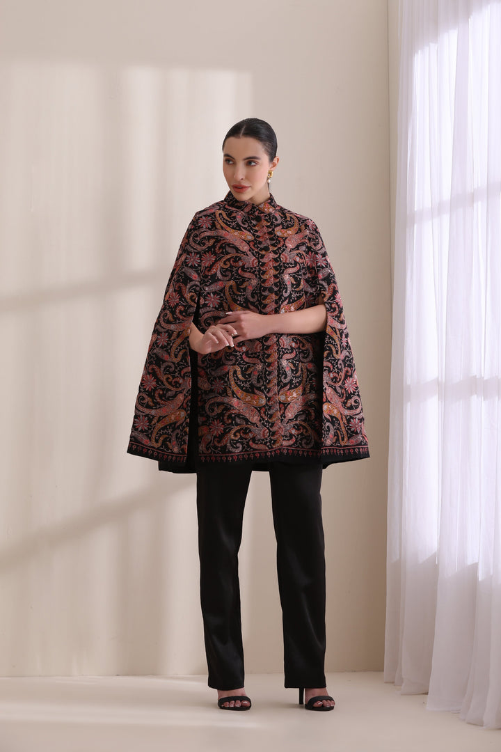 Cashmere Fine Emery embroidered Cape Jacket, Wool in Black Gold | Made To Order
