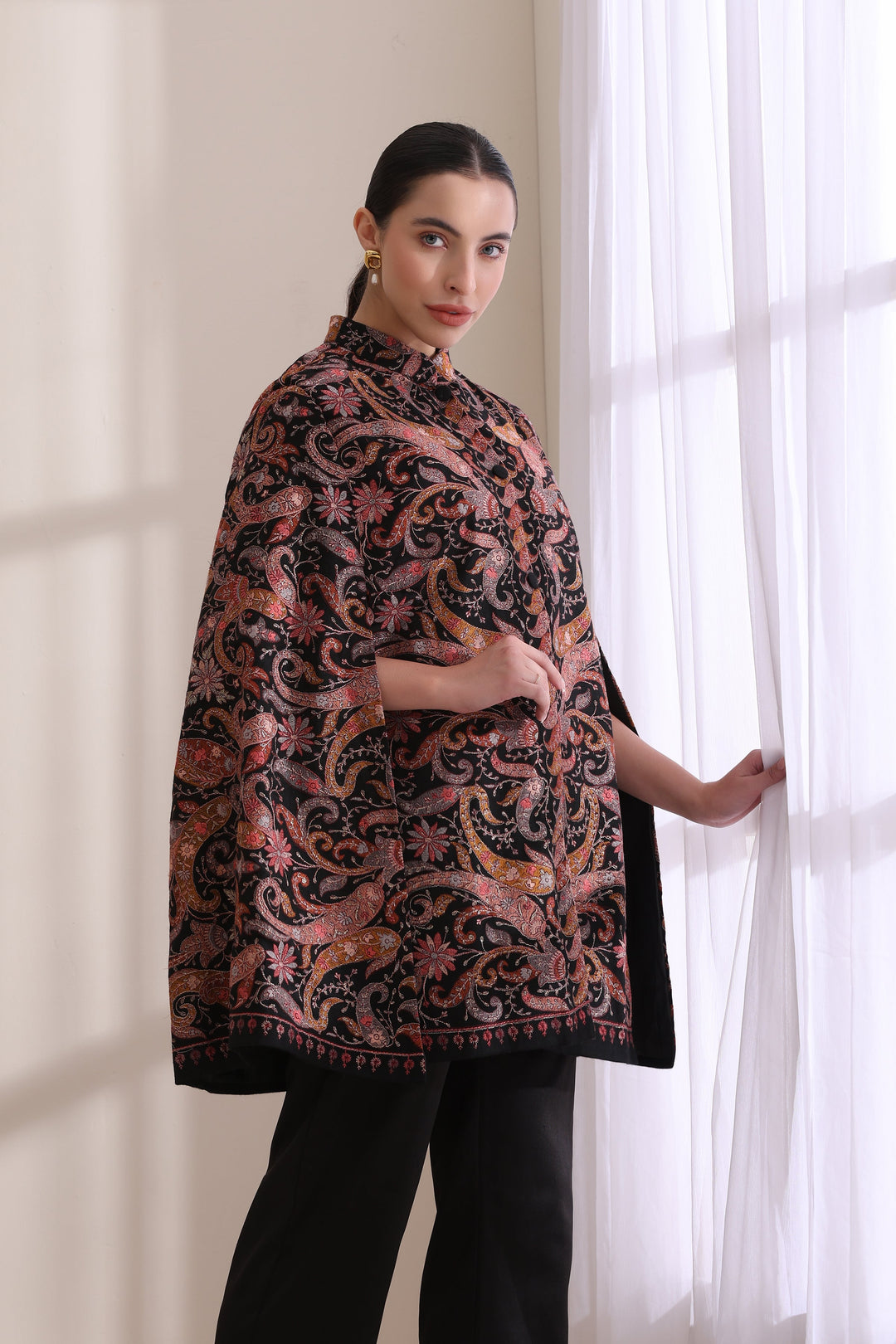 Cashmere Fine Emery embroidered Cape Jacket, Wool in Black Gold | Made To Order