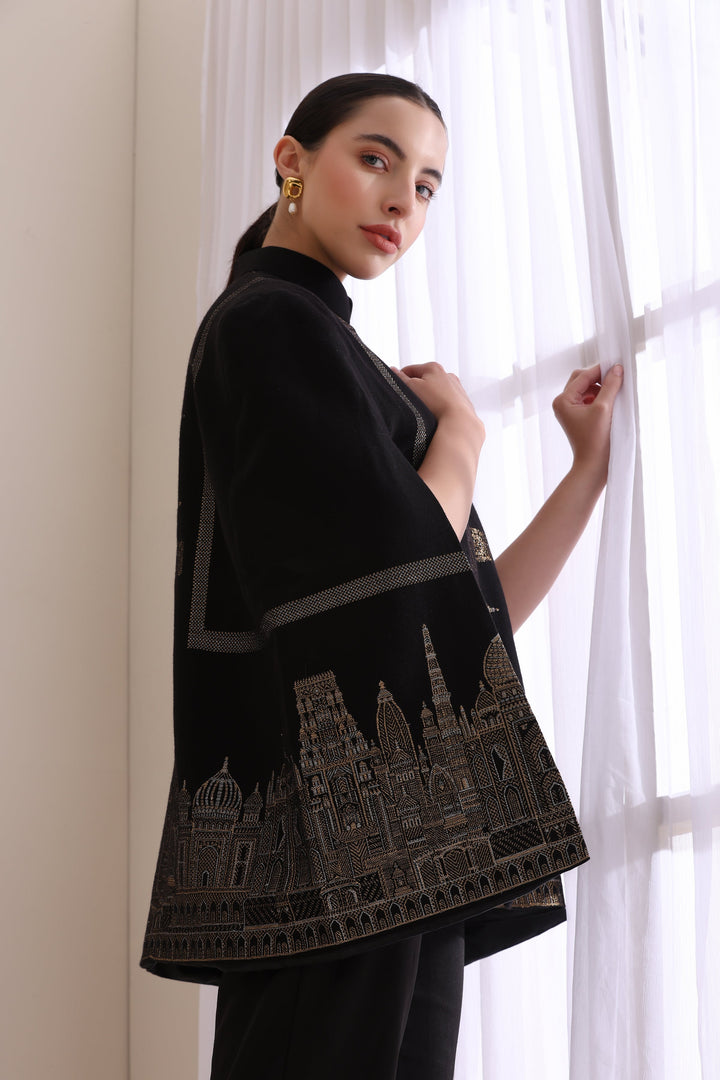 Taj Cashmere Fine Wool Silk With Zari Cape in Black Gold | Made To Order