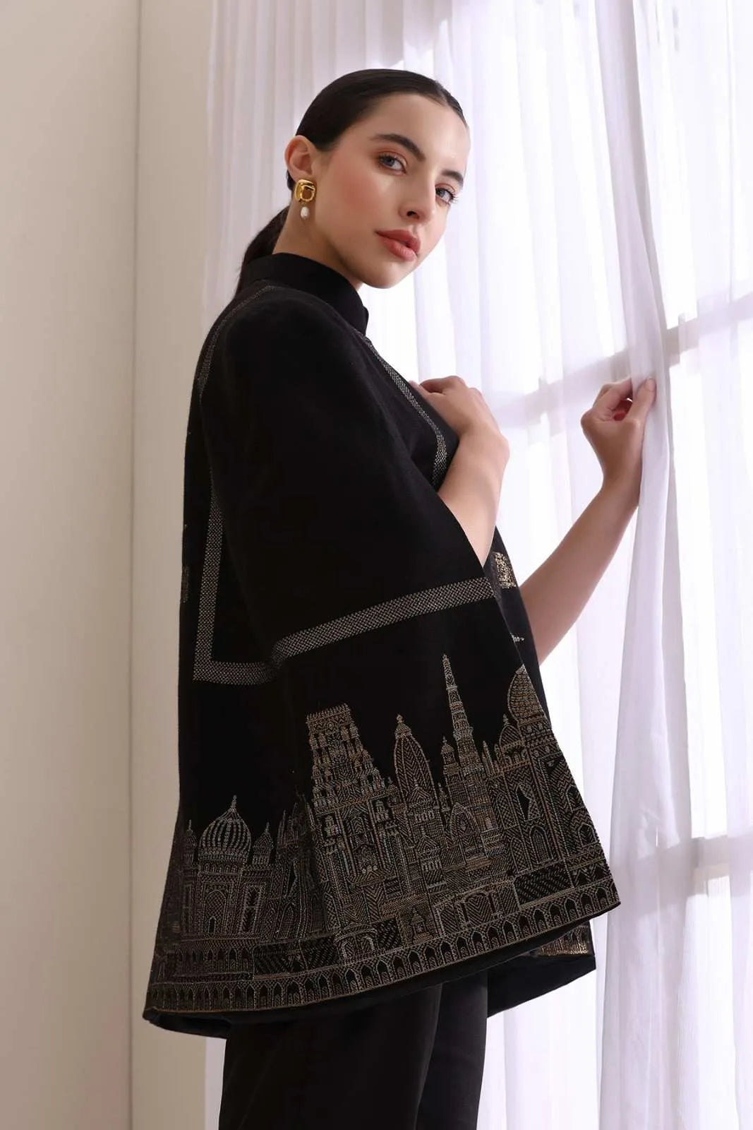 Taj Cashmere Fine Wool Silk with Zari Embroidered Cape | SHOBITAM