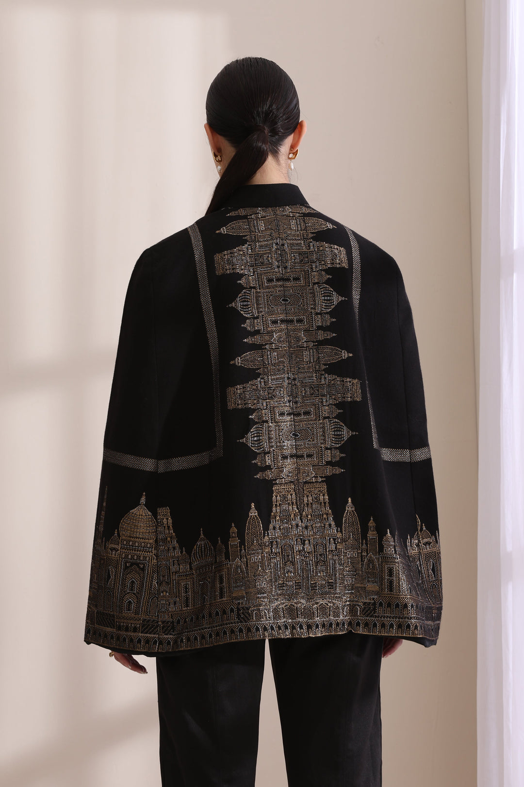 Taj Cashmere Fine Wool Silk With Zari Cape in Black Gold | Made To Order