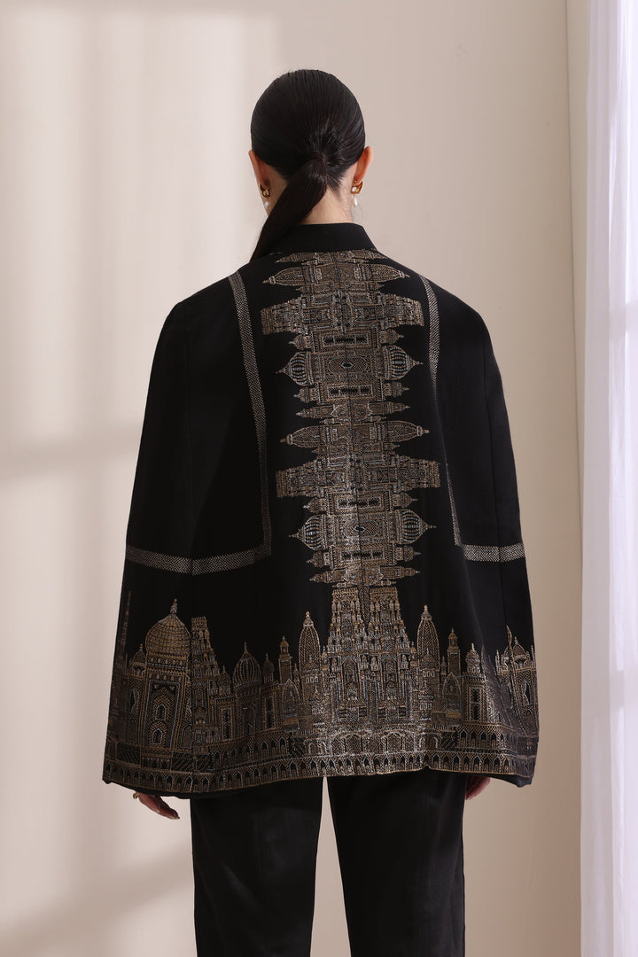 Taj Cashmere Fine Wool Silk With Zari Cape in Black Gold | Made To Order