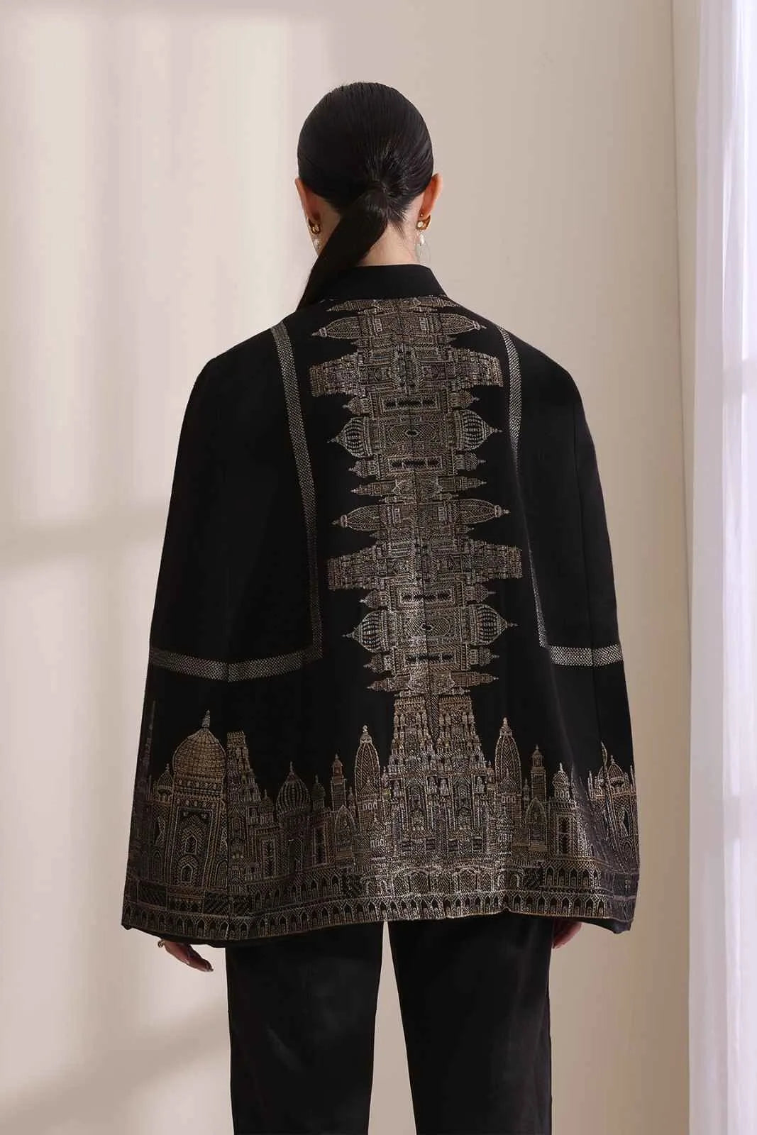 Taj Cashmere Fine Wool Silk with Zari Embroidered Cape | SHOBITAM