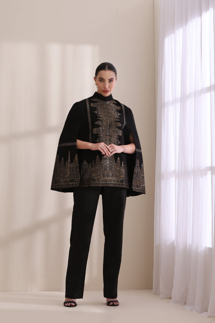 Taj Cashmere Fine Wool Silk With Zari Cape in Black Gold | Made To Order