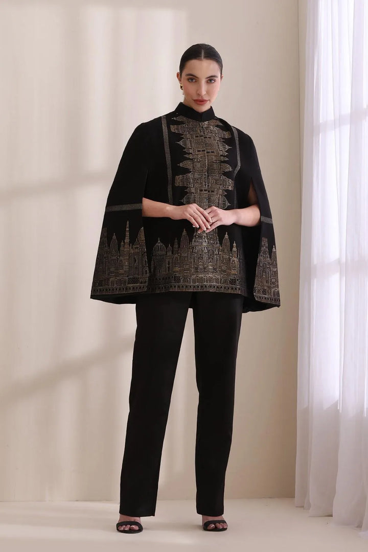 Taj Cashmere Fine Wool Silk with Zari Embroidered Cape | SHOBITAM