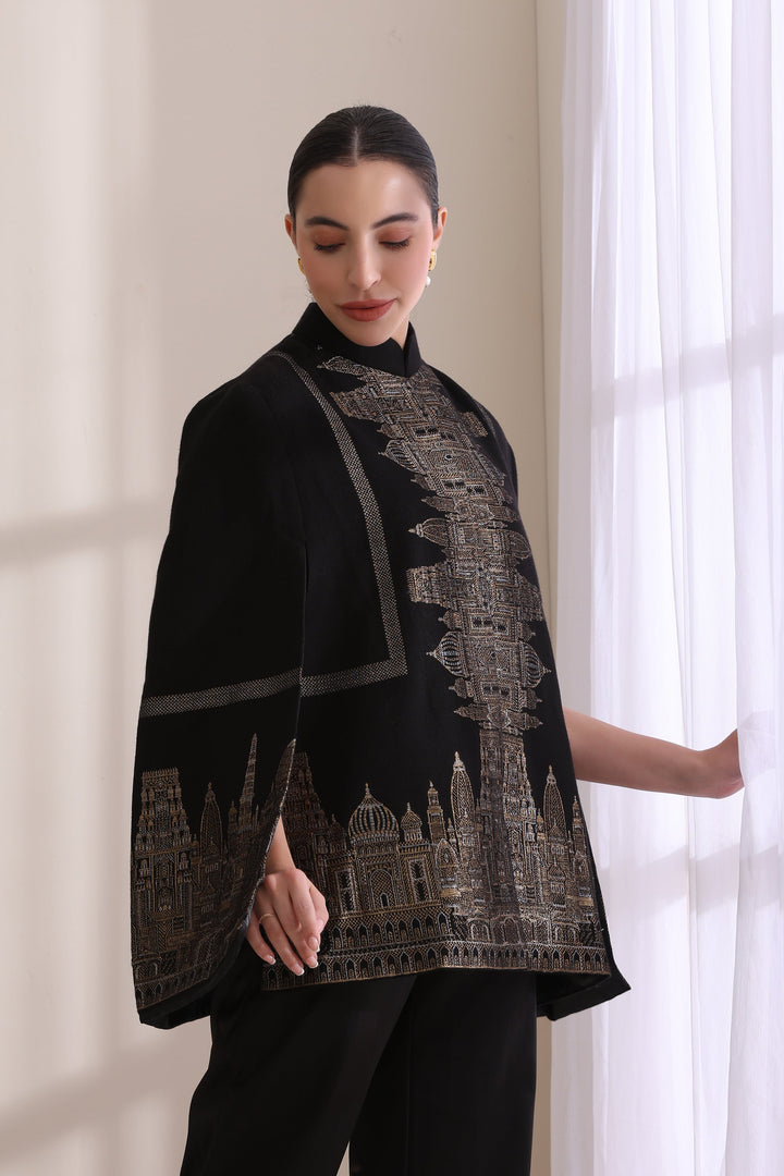 Taj Cashmere Fine Wool Silk With Zari Cape in Black Gold | Made To Order