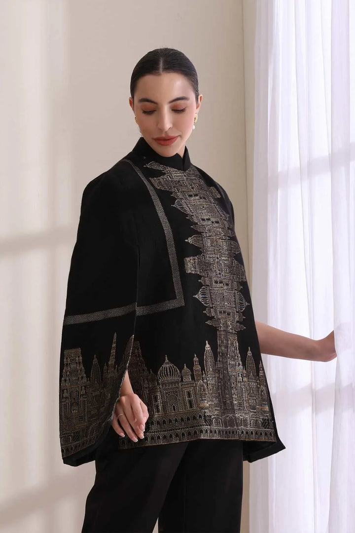 Taj Cashmere Fine Wool Silk with Zari Embroidered Cape | SHOBITAM